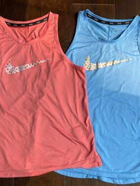 Nike Coral & Light Blue Polka Dot Swoosh Tank Tops